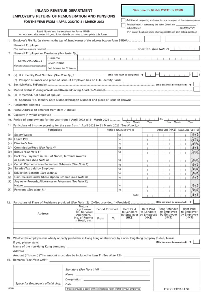Sample of the IR56B form for Employer's Return