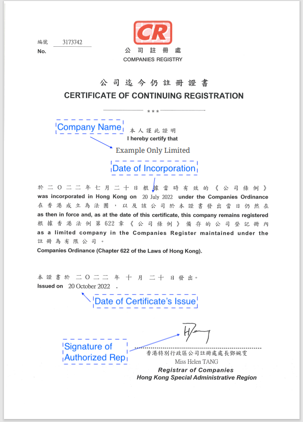 Sample of a Certificate of Continuing Registration